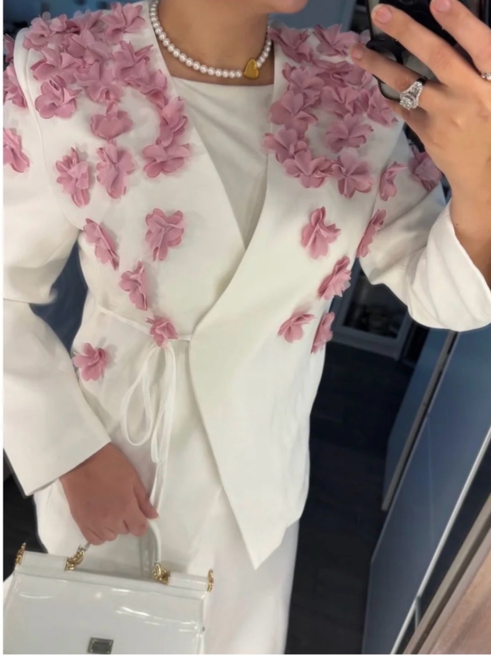 White Women’s Jacket with Pink Floral Appliqué - Elegant Wrap Style - Picture 3 of 6